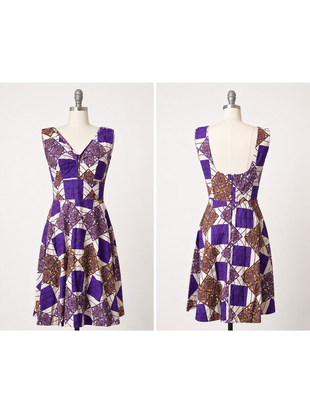 Handmade African Print Retro Dress Size 6 Purple Fit Flare Pin Up 60s